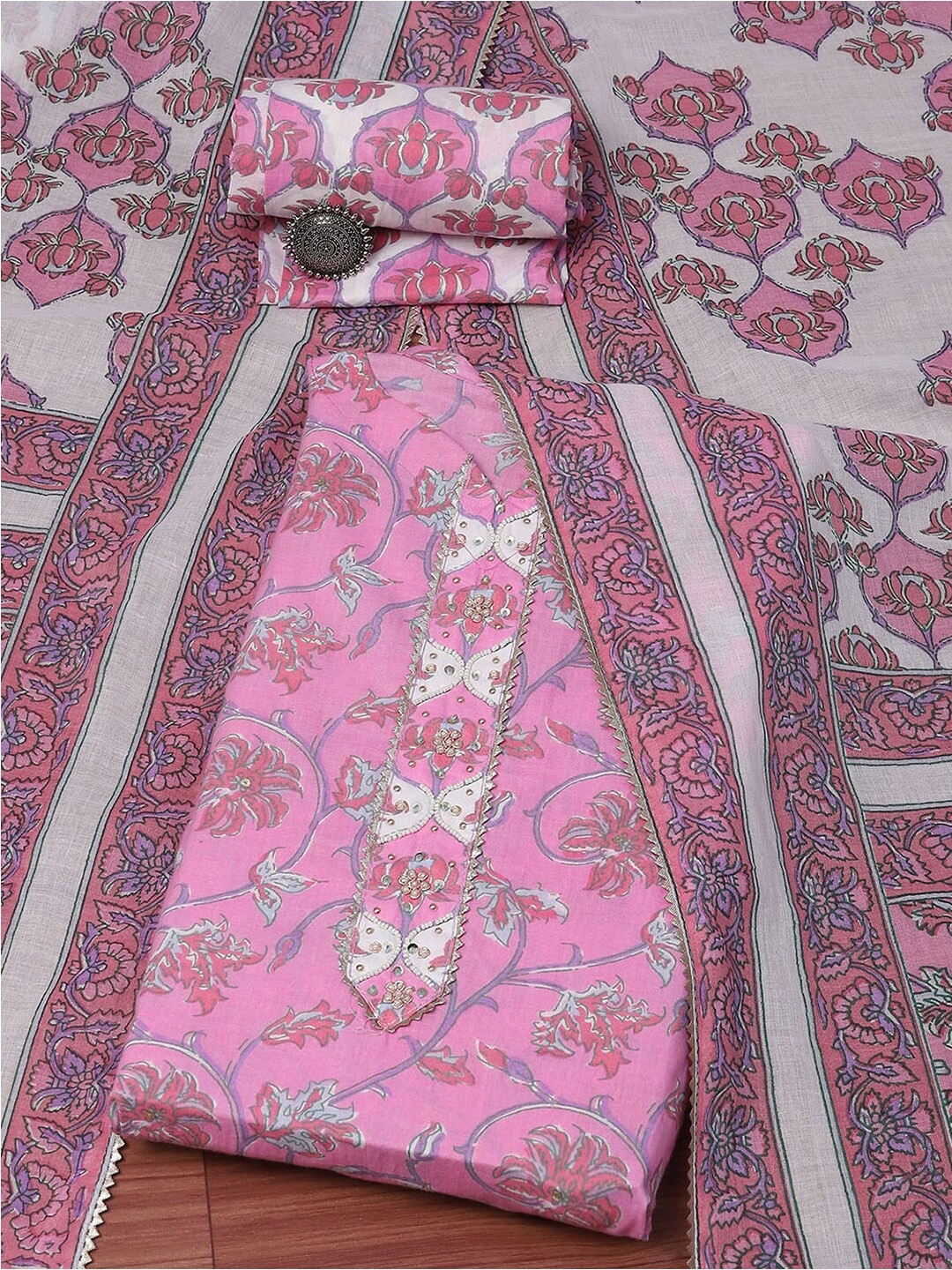

Biba Floral Printed Beads Detail Unstitched Dress Material, Pink