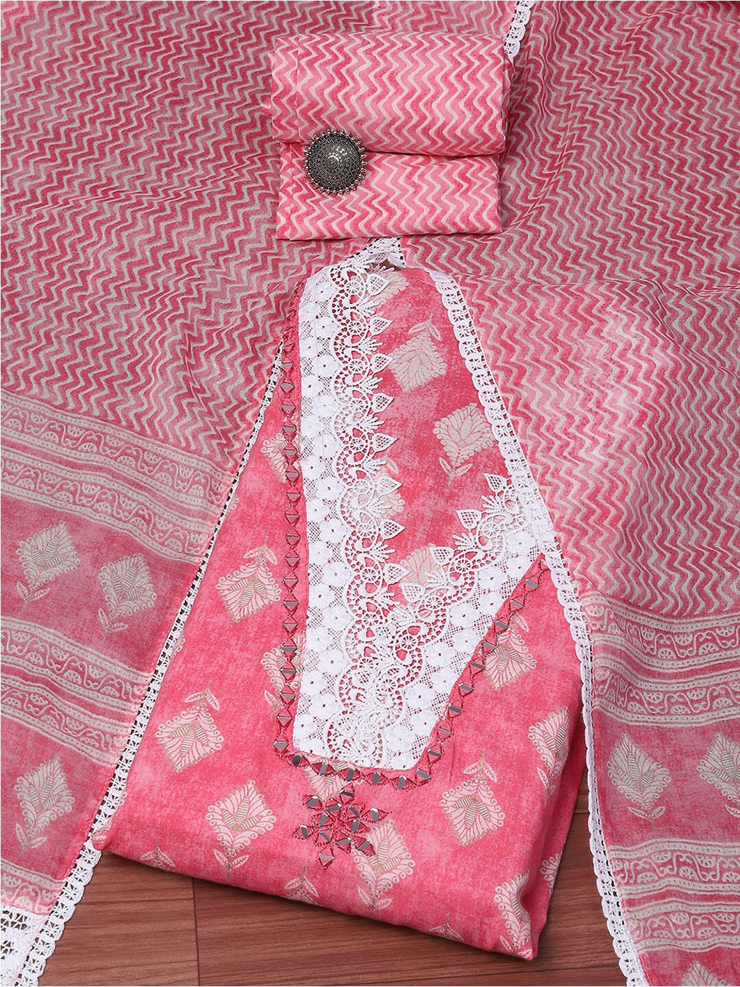 

Biba Ethnic Motifs Printed Mirror Work Lace Detail Unstitched Dress Material, Pink