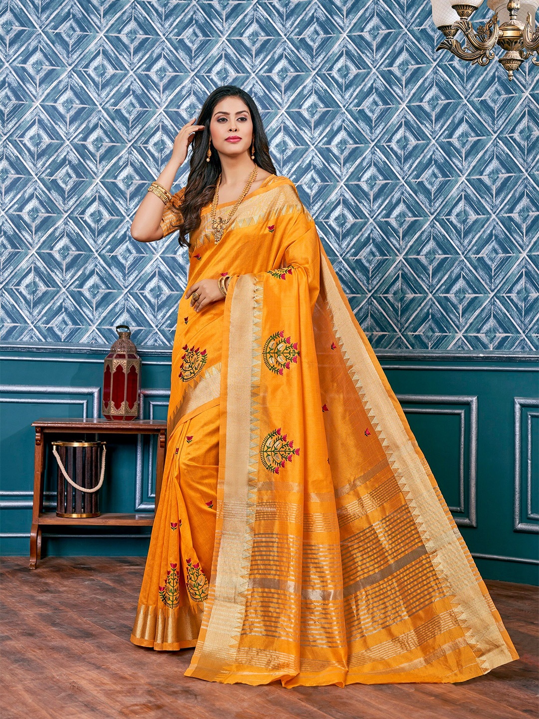 

Mitera Yellow & Red Floral Embroidered Assam Silk Cotton Banarasi Saree