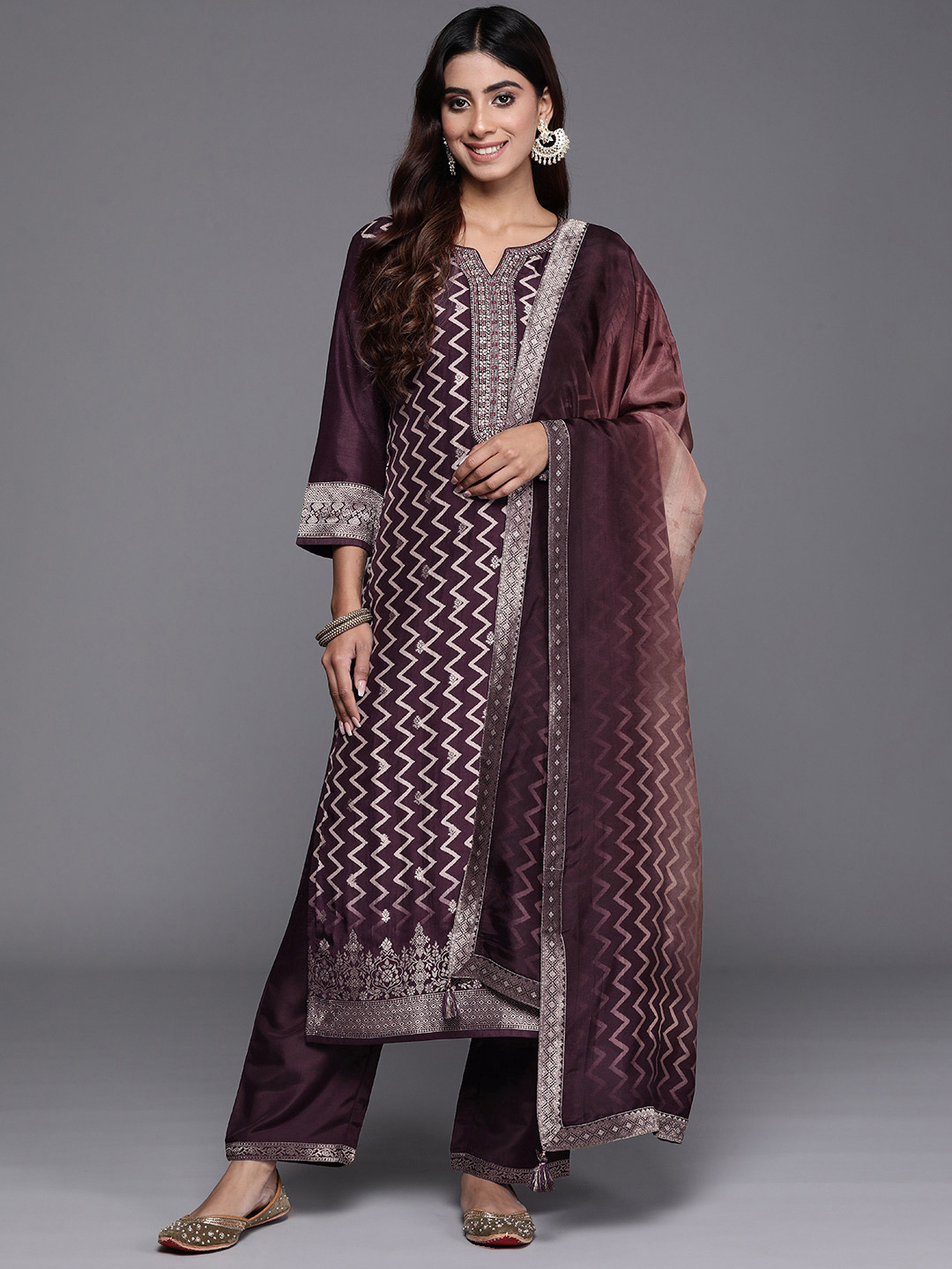 

Libas Women Printed Regular Kurta with Palazzos & Dupatta, Burgundy