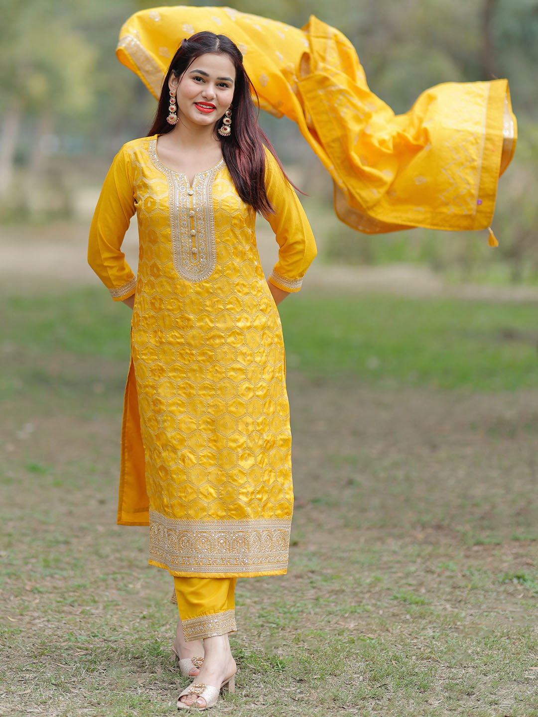 

Libas Women Floral Regular Kurta with Palazzos & Dupatta, Yellow