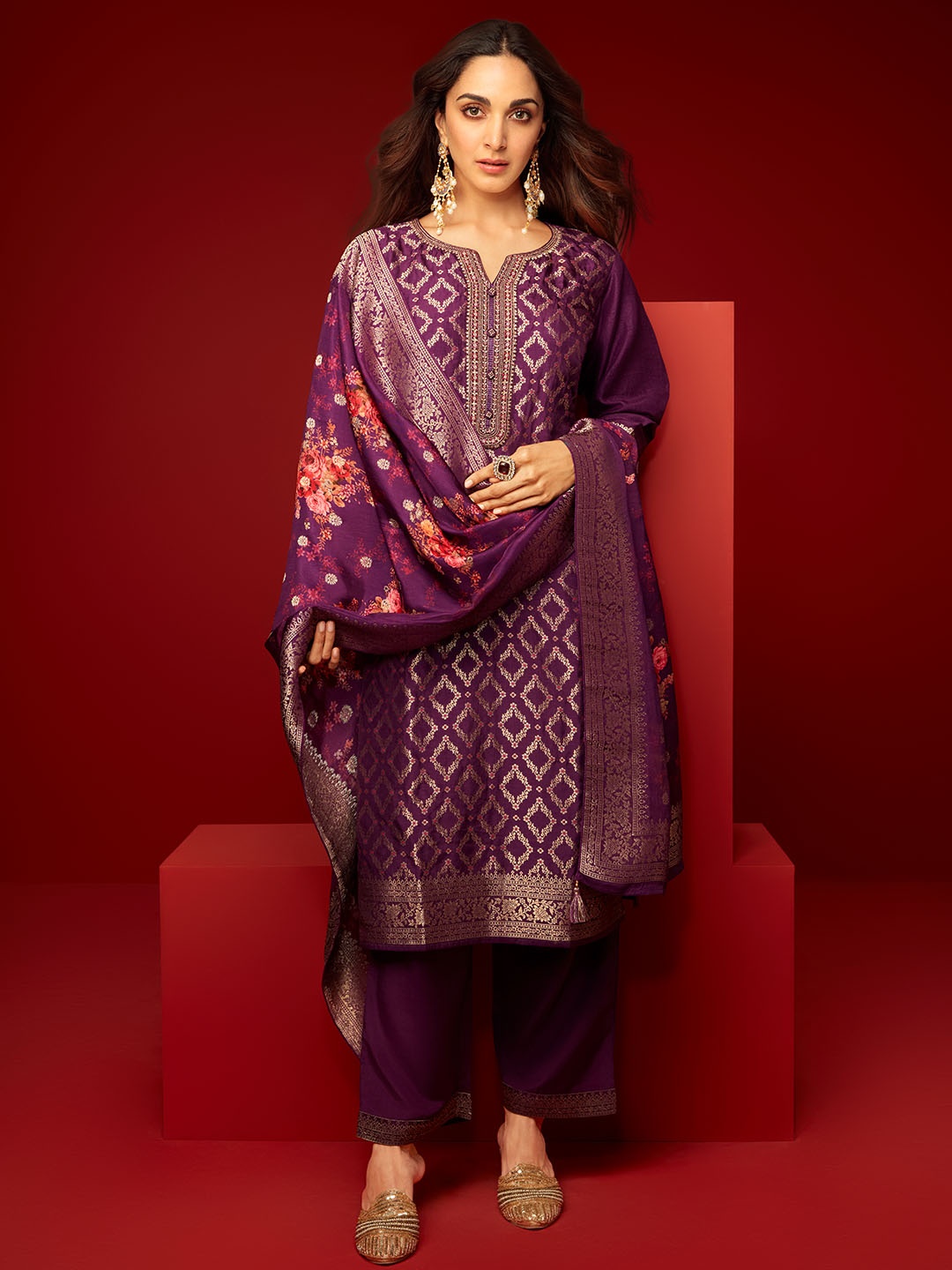 

Libas Women Floral Regular Kurta with Palazzos & Dupatta, Purple