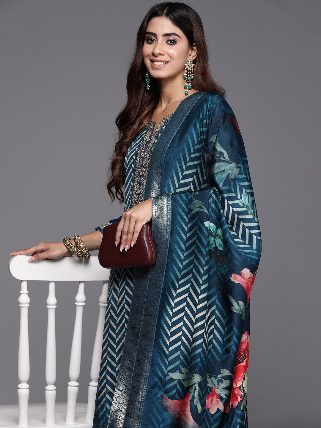 

Libas Women Printed Regular Kurta with Palazzos & Dupatta, Teal
