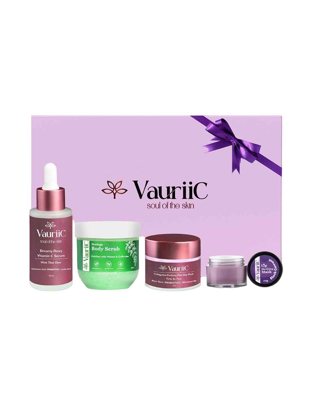 

VauriiC 4-Pcs Serum-Clay Mask-Body Scrub & Lip Sleeping Mask Gift Set, Pink