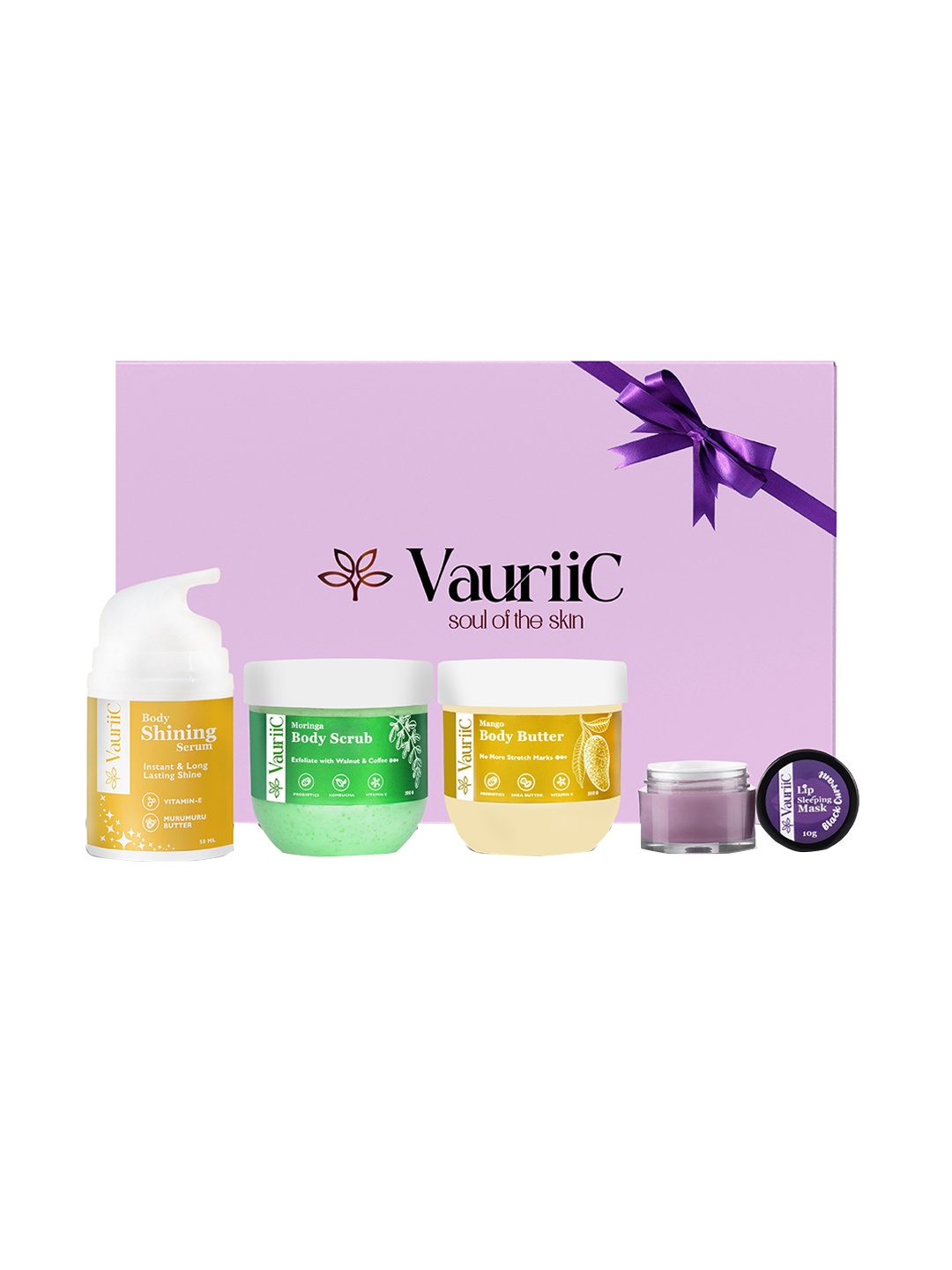 

VauriiC 4-Pcs Body Shining Serum-Body Scrub-Body Butter & Lip Sleeping Mask Gift Set, Pink