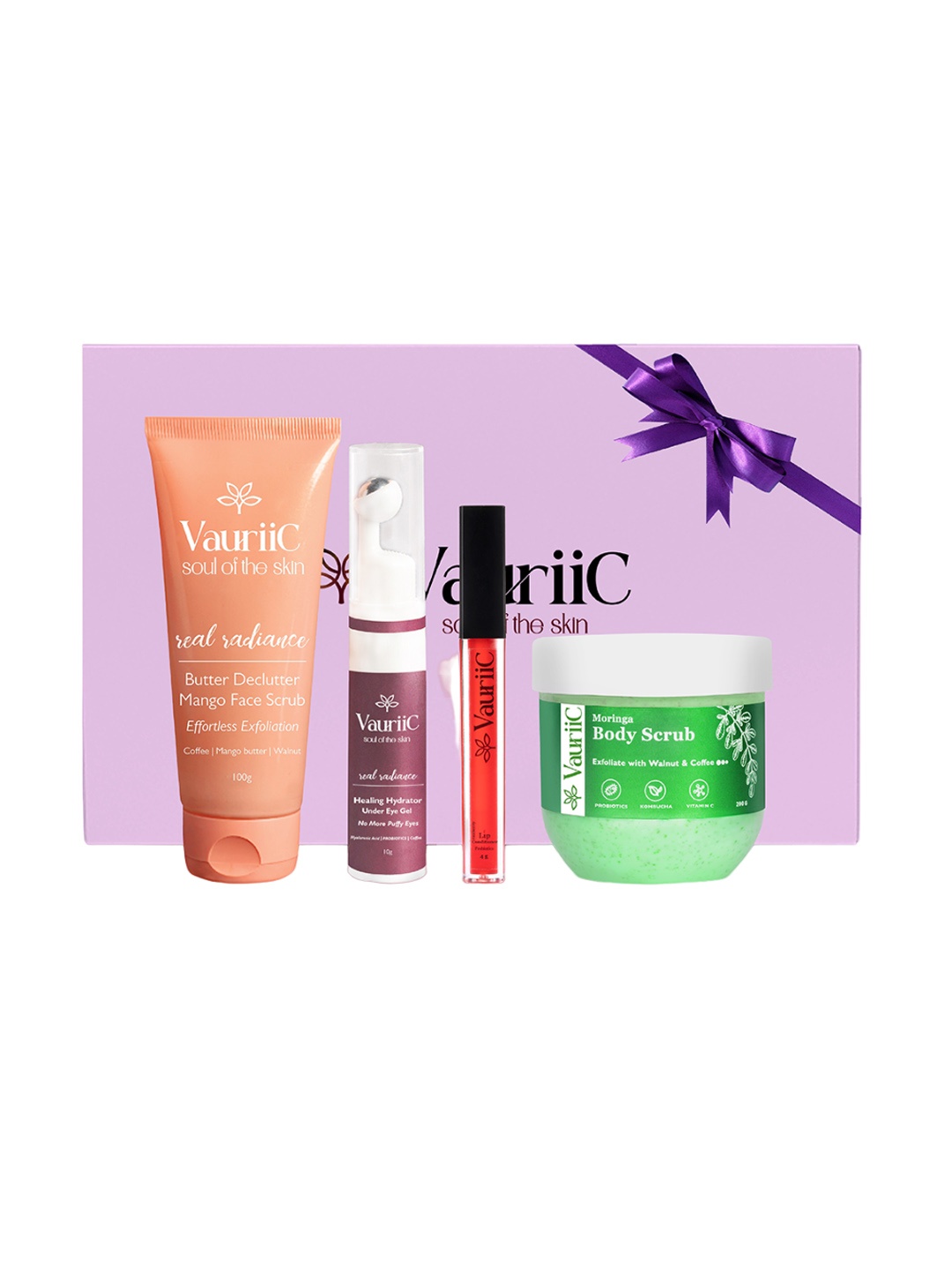 

VauriiC 4-Pcs Face Scrub- Under Eye Gel-Body Scrub & Lip Conditioner Gift Set, Pink