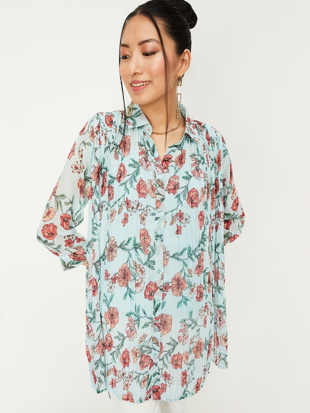 

max Floral Printed Shirt Collar Tunic, Blue