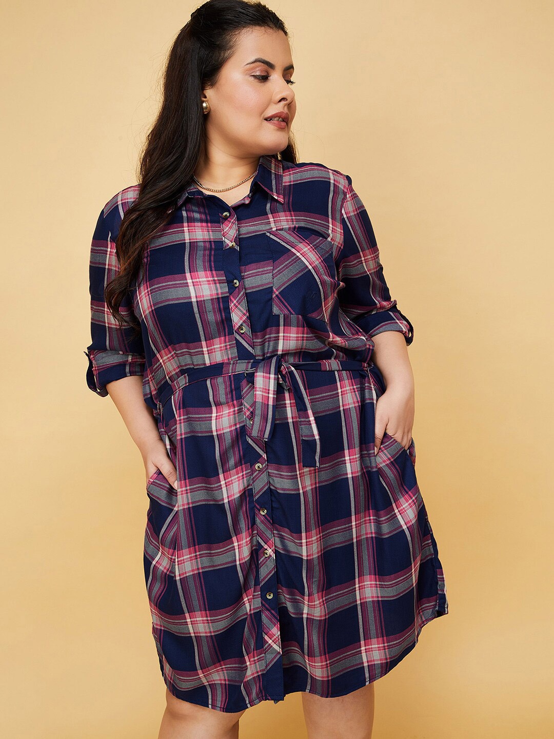 

max Plus Size Checked Shirt Collar Roll-Up Sleeves Tie-Ups Tunic, Blue
