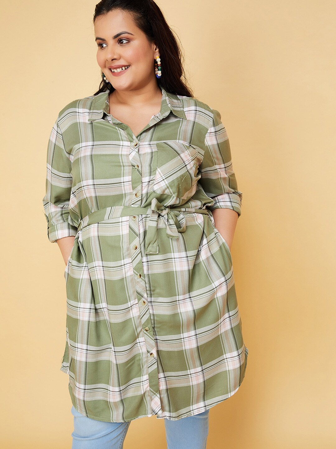 

max Plus Size Checked Shirt Collar Roll-Up Sleeves Tie-Ups Tunic, Green