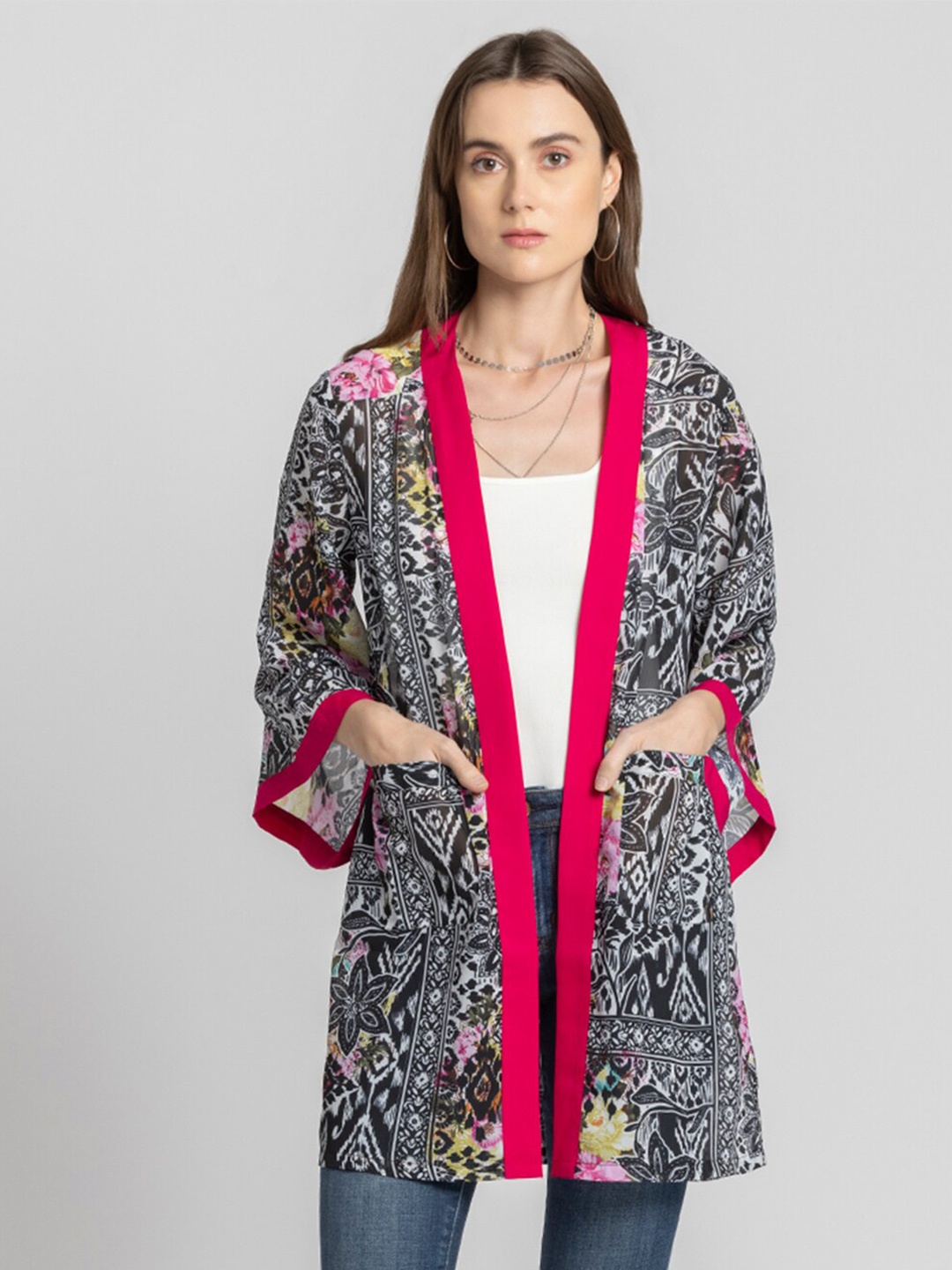 

SHAYE Floral Printed Open Front Shrug, Fuchsia