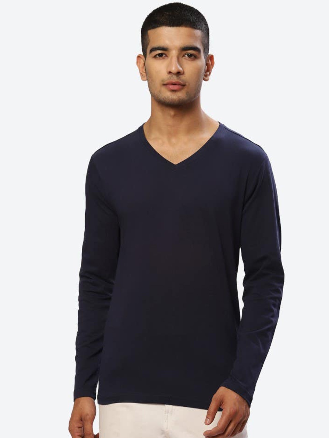 

2Bme V-Neck Long Sleeves Cotton T-shirt, Navy blue