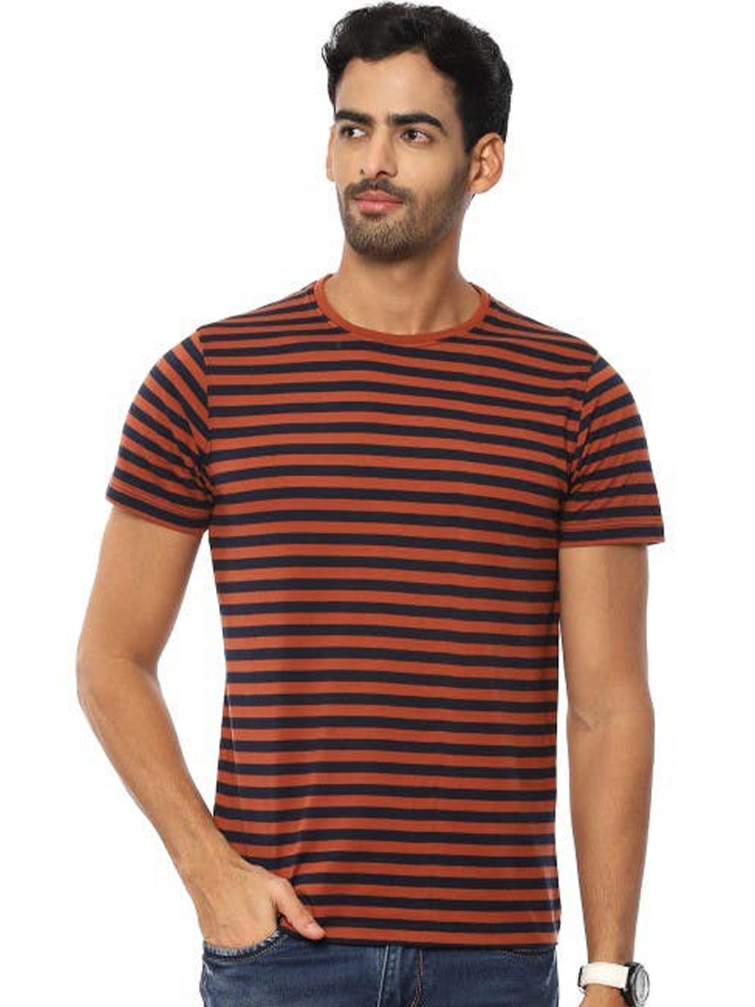 

2Bme Striped Slim Fit Cotton T-shirt, Orange