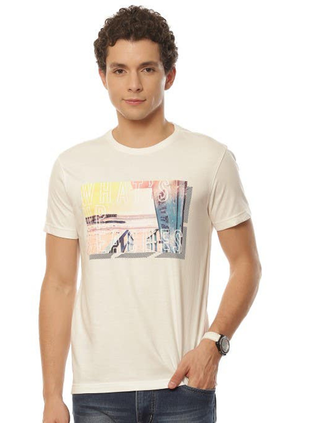 

2Bme Graphic Printed Short Sleeves Cotton T-shirt, Off white