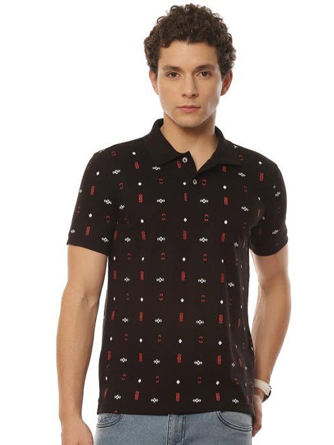 

2Bme Conversational Printed Polo Collar Cotton T-shirt, Black