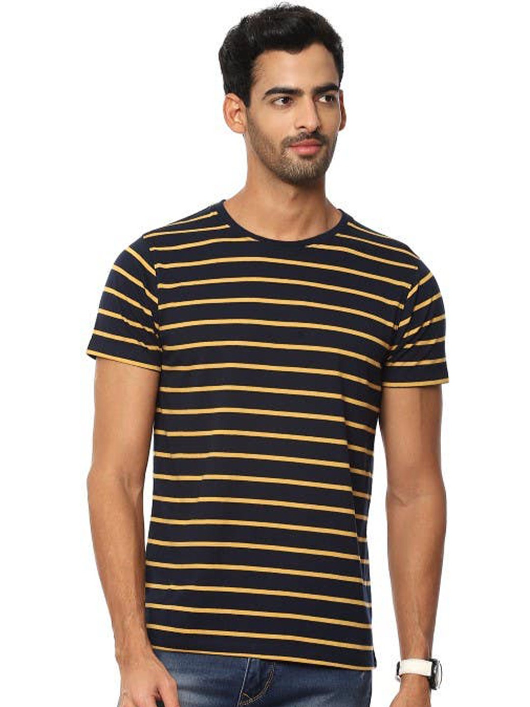 

2Bme Striped Slim Fit Cotton T-shirt, Navy blue