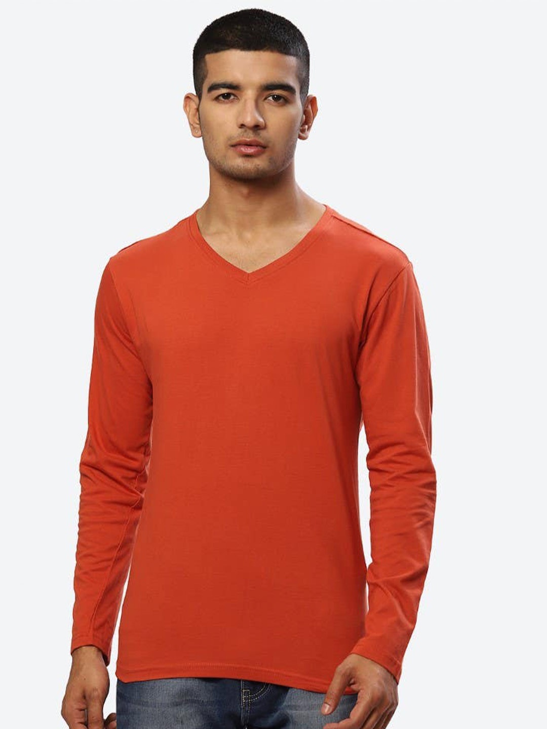 

2Bme V-Neck Long Sleeves Cotton T-shirt, Rust