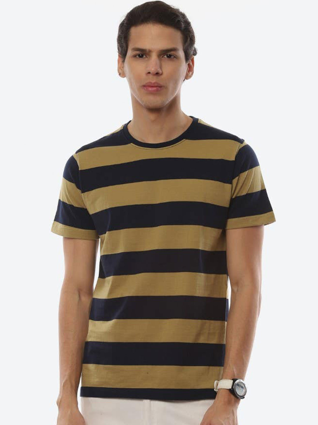 

2Bme Striped Round Neck Cotton T-shirt, Yellow