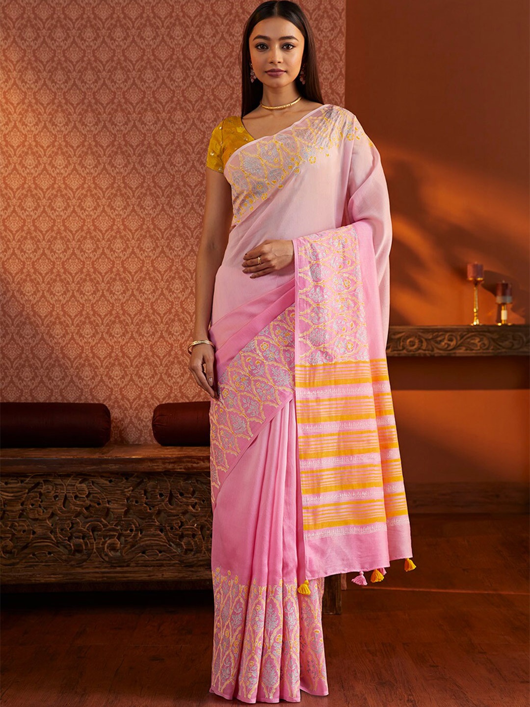 

Taneira Silk Cotton Block Print Saree, Pink