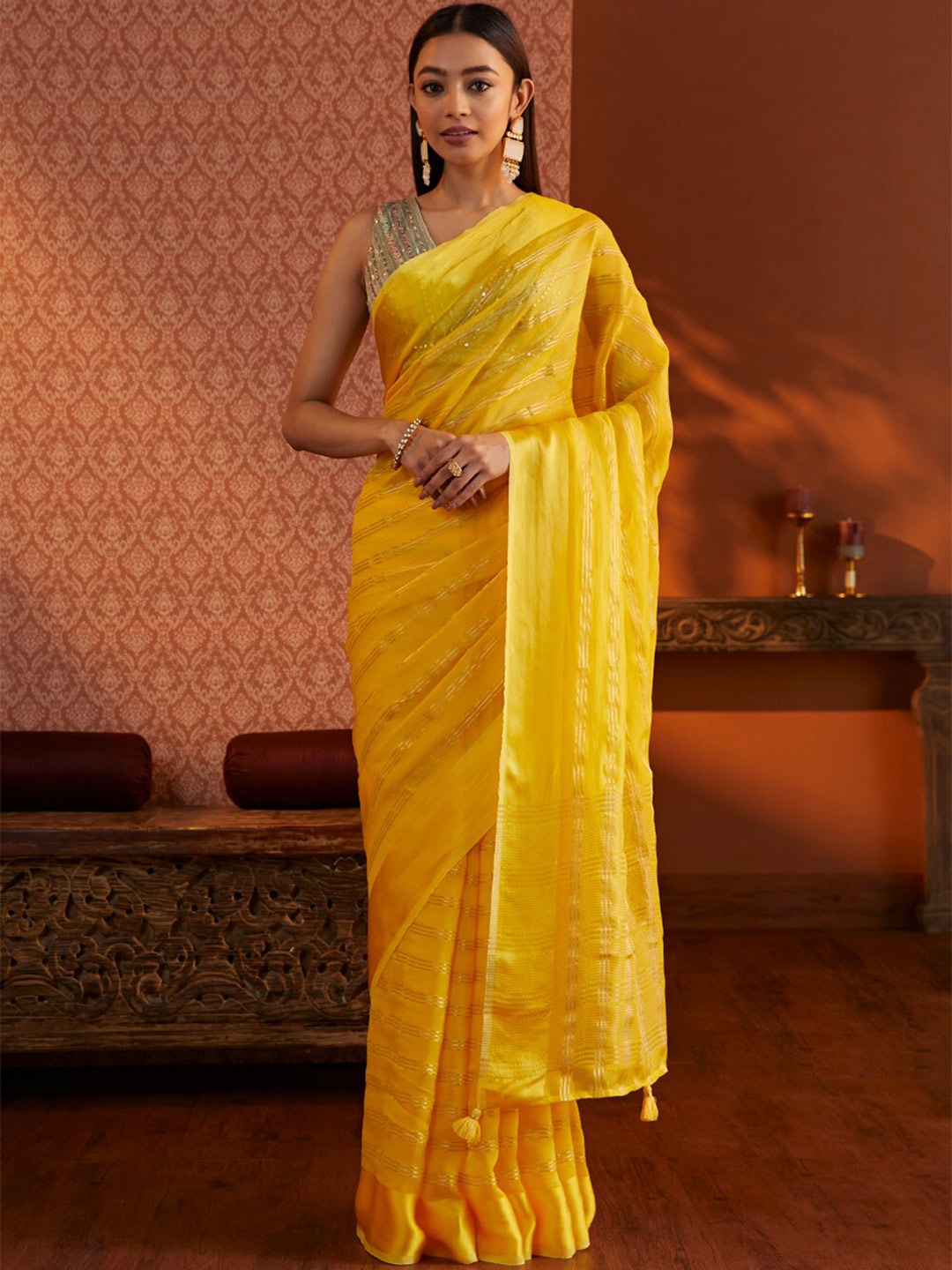 

Taneira Striped Zari Saree, Yellow