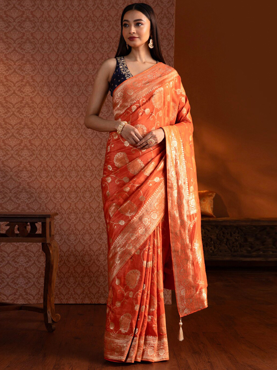 

Taneira Ethnic Motifs Woven Design Zari Saree, Orange