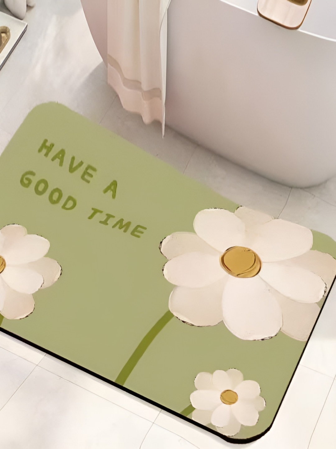 

CASA-NEST Green & White Floral Printed Anti Skid Bath Rug