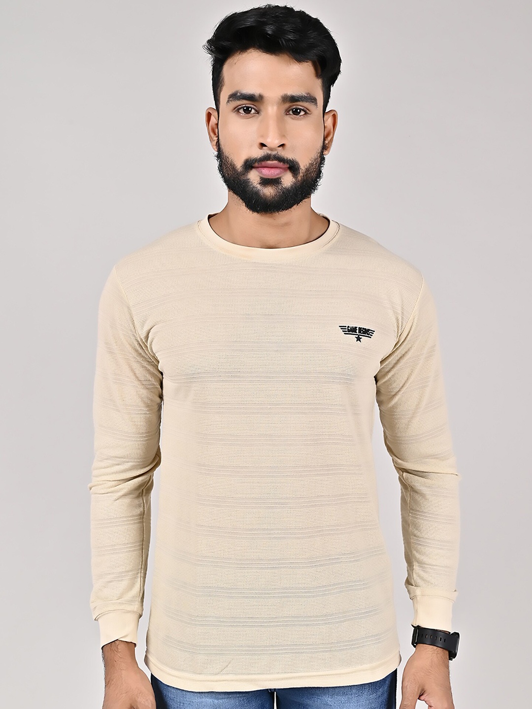 

GAME BEGINS Self Design Pure Cotton T-Shirt, Beige