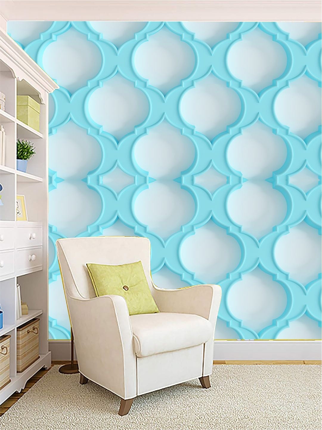 

KSHIRSA Off White & Green Geometric Printed Self Adhesive Removable Wallpaper, Blue