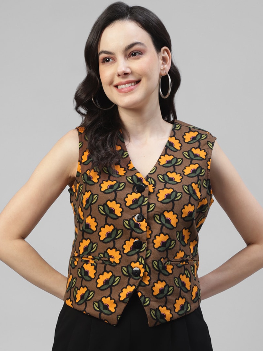 

DEEBACO Floral Printed Cotton Waistcoat With Pockets, Brown