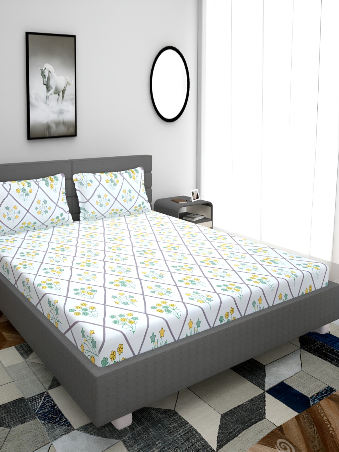 

HOMECRUST White Floral 210 TC Queen Fitted Bedsheet With 2 Pillow Covers
