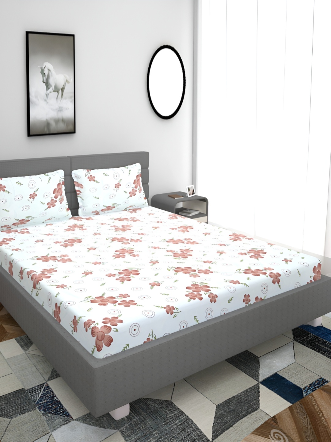 

HOMECRUST White Floral 210 TC Queen Fitted Bedsheet With 2 Pillow Covers