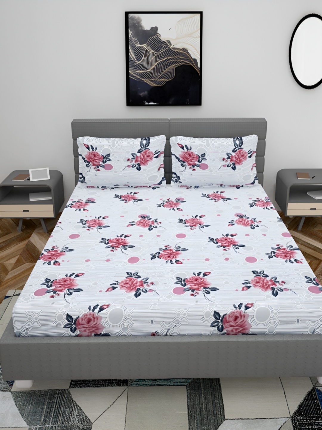 

HOMECRUST White & Pink Floral Printed 210 TC Queen Bedsheet With 2 Pillow Covers