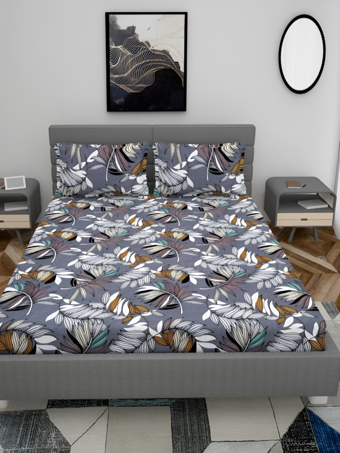 

HOMECRUST Grey Floral 210 TC Queen Fitted Bedsheet With 2 Pillow Covers