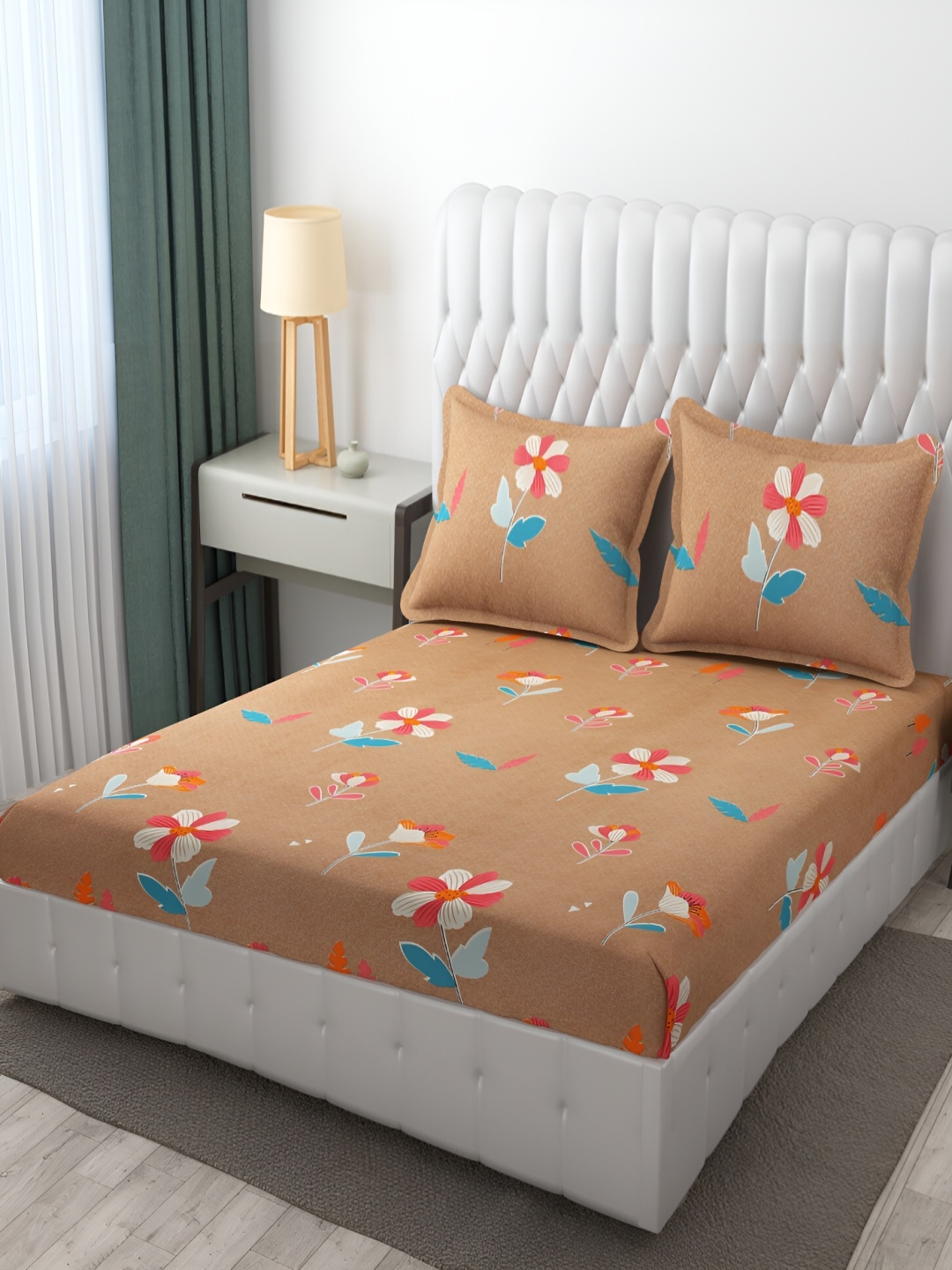 

HOMECRUST Camel Brown Floral 210 TC Queen Fitted Bedsheet With 2 Pillow Covers