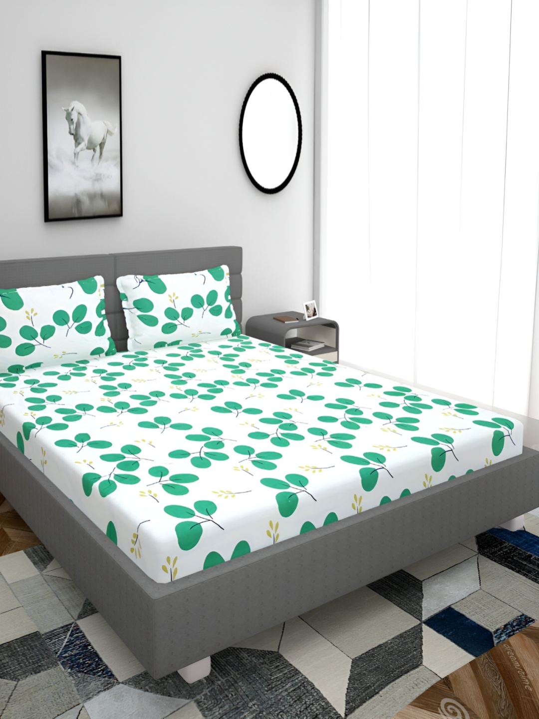 

HOMECRUST White Floral 210 TC Queen Fitted Bedsheet With 2 Pillow Covers