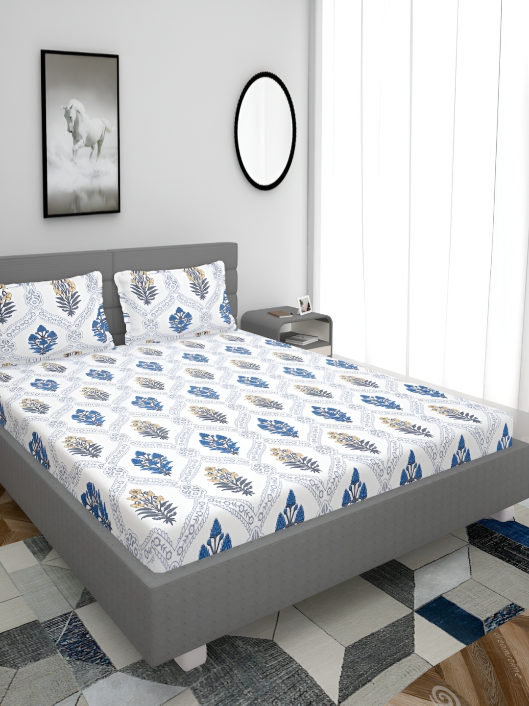 

HOMECRUST White Floral 210 TC Queen Fitted Bedsheet With 2 Pillow Covers