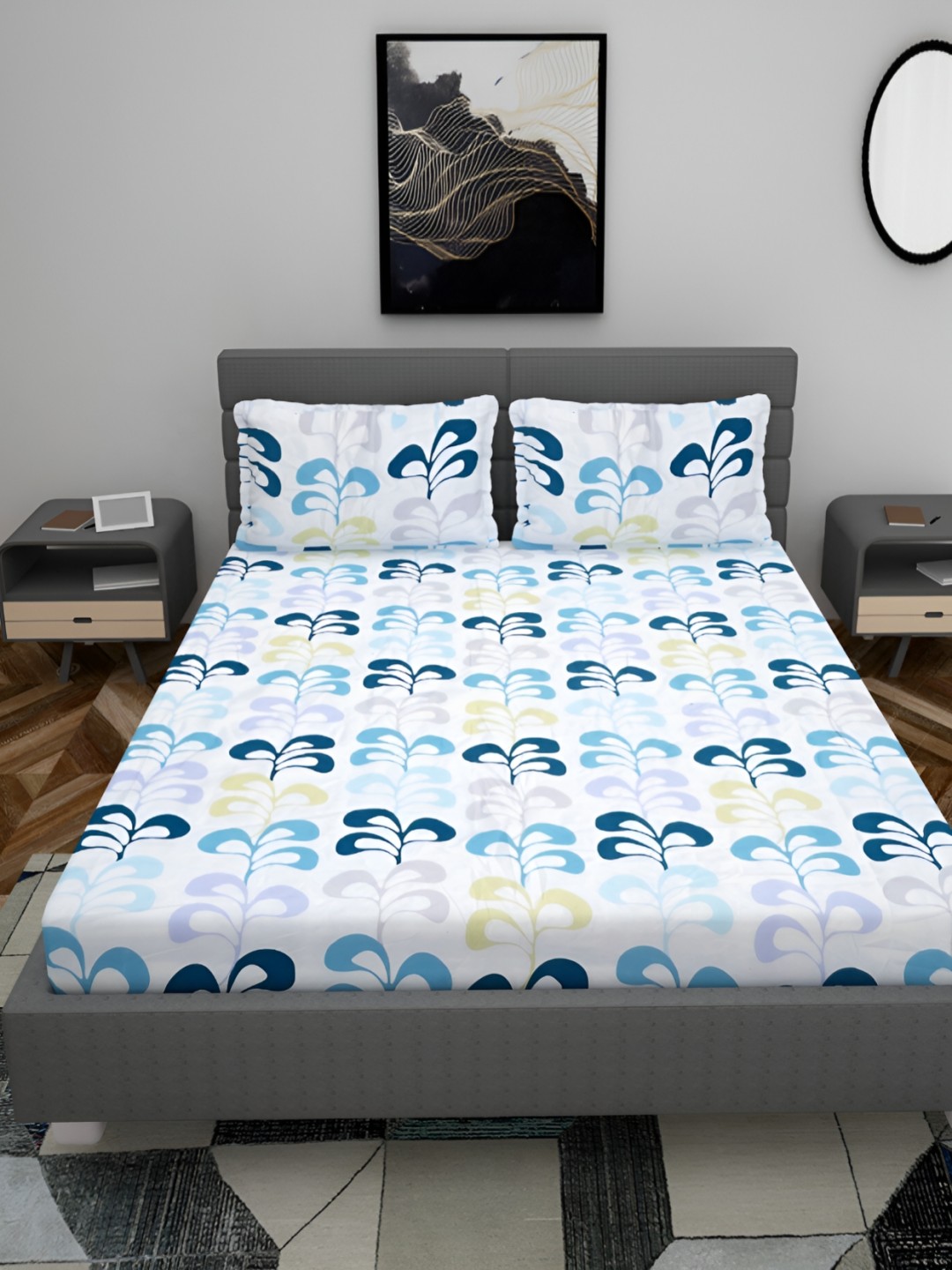 

HOMECRUST Blue Floral 210 TC Queen Fitted Bedsheet With 2 Pillow Covers