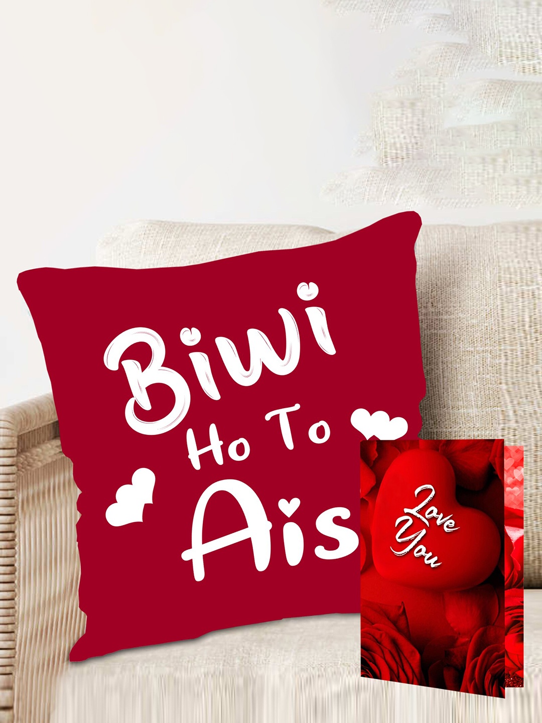 

ME & YOU 2 Pieces Valentines Day Printed Cushion & Card Gift Set, Red