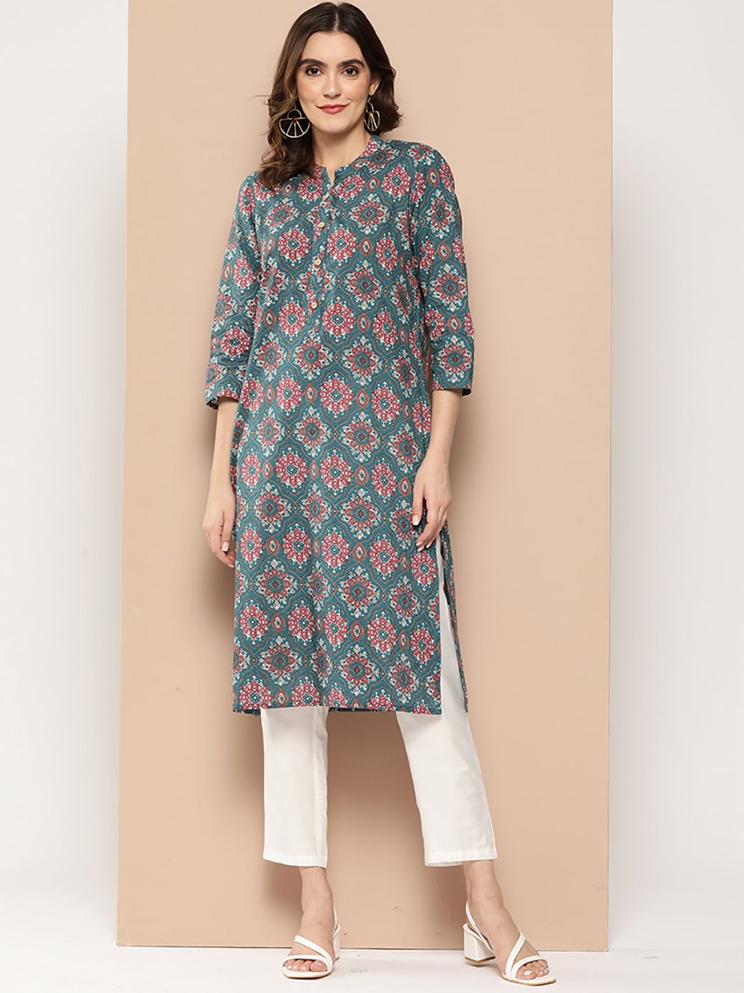 

ODETTE Ethnic Motifs Printed Straight Kurta, Teal