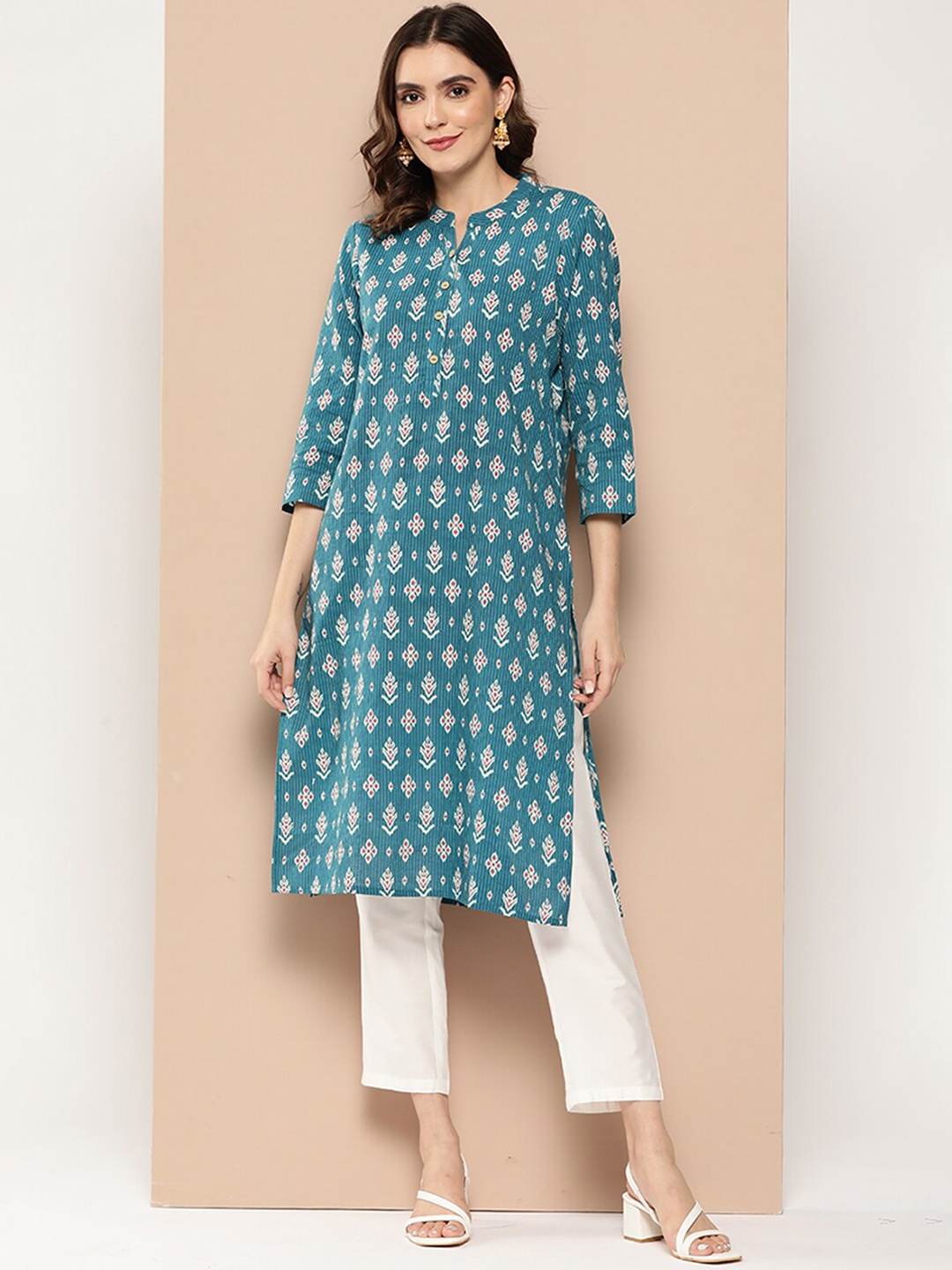 

ODETTE Geometric Printed Mandarin Collar Cotton Straight Kurta, Teal