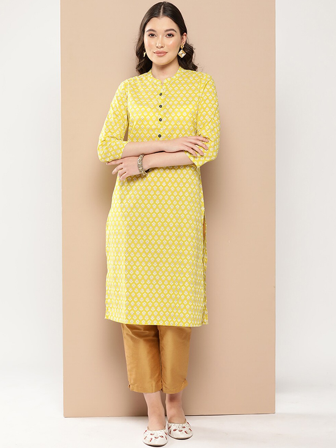 

ODETTE Floral Printed Mandarin Collar Cotton Straight Kurta, Lime green