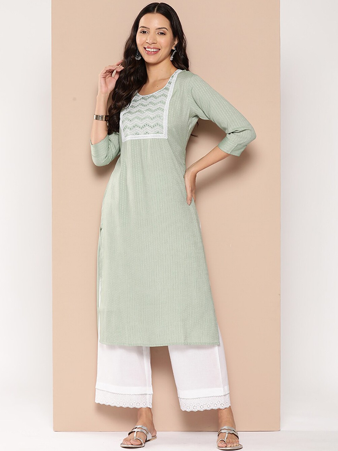 

ODETTE Woven Design Mirror Work Straight Kurta, Green