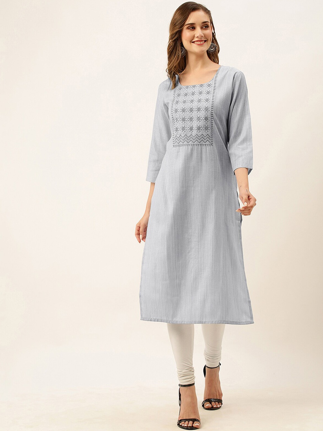 

ODETTE Floral Yoke Design Muslin Straight Kurta, Grey