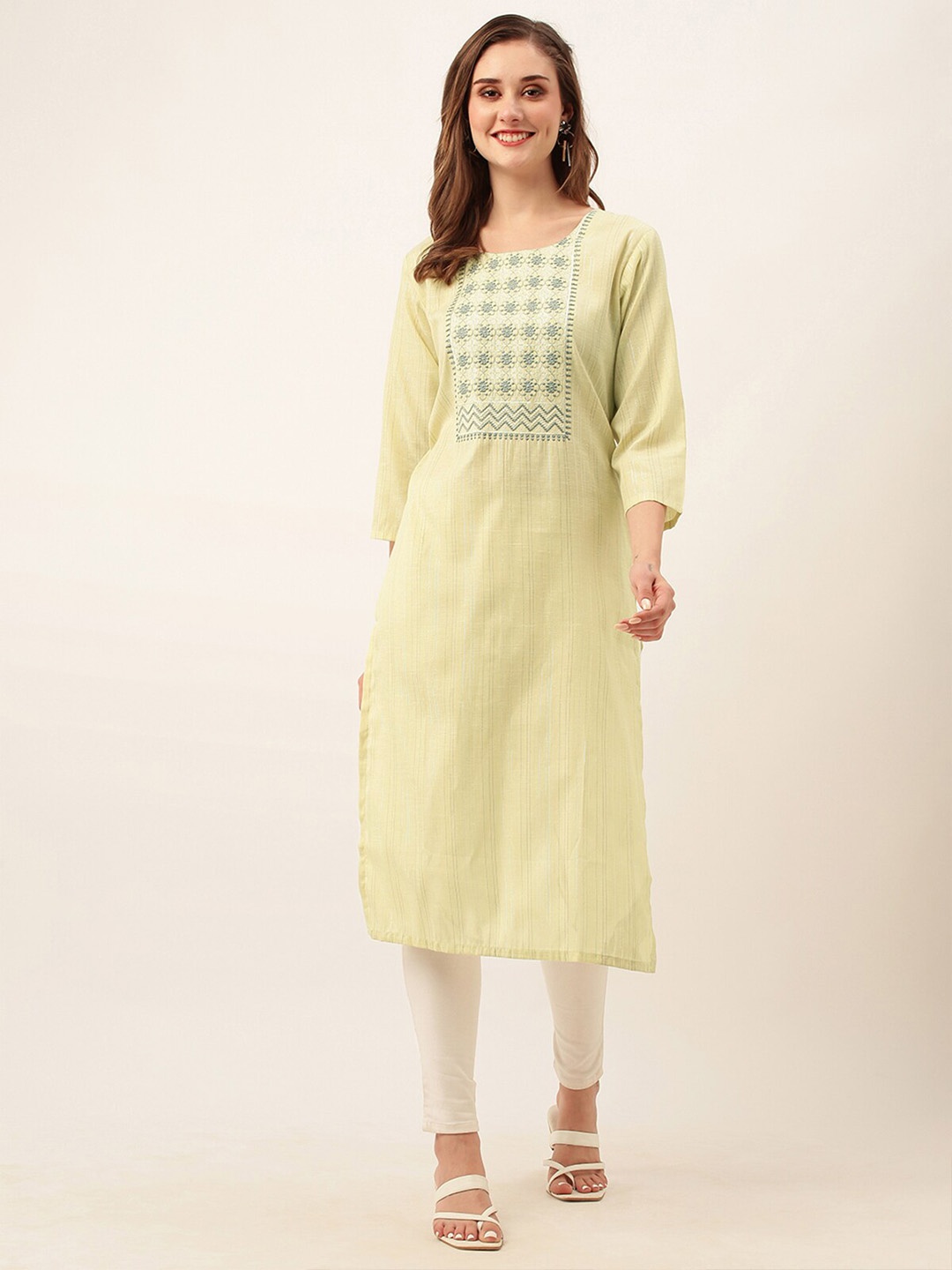 

ODETTE Striped Thread Work Straight Kurta, Green