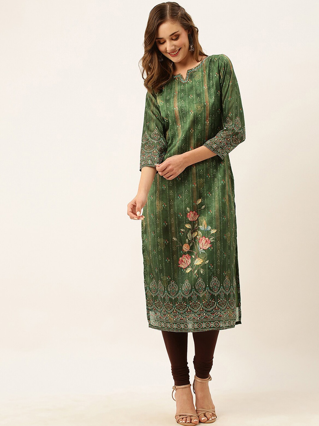 

ODETTE Floral Printed Sequinned Cotton Straight Kurta, Green