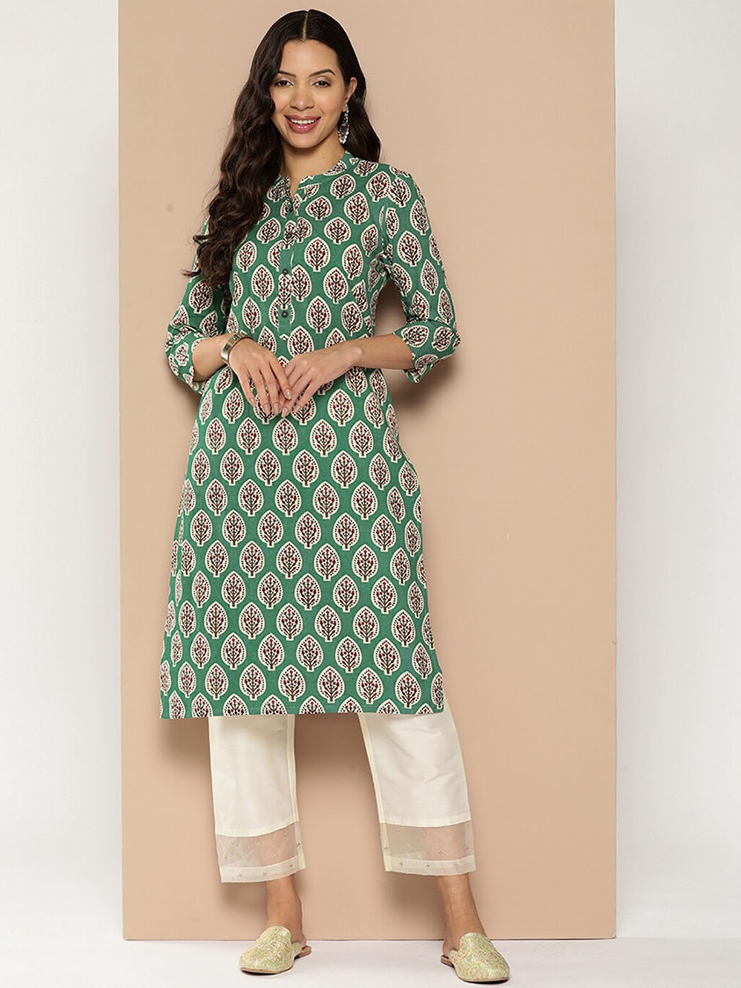 

ODETTE Floral Printed Mandarin Collar Cotton Straight Kurta, Sea green