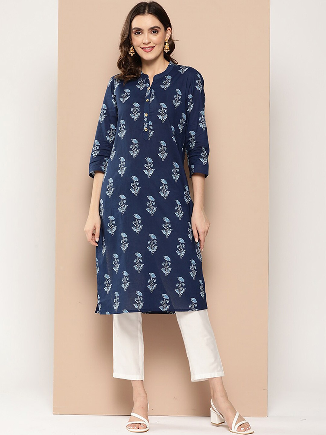 

ODETTE Ethnic Motifs Printed Mandarin Collar Cotton Straight Kurta, Navy blue