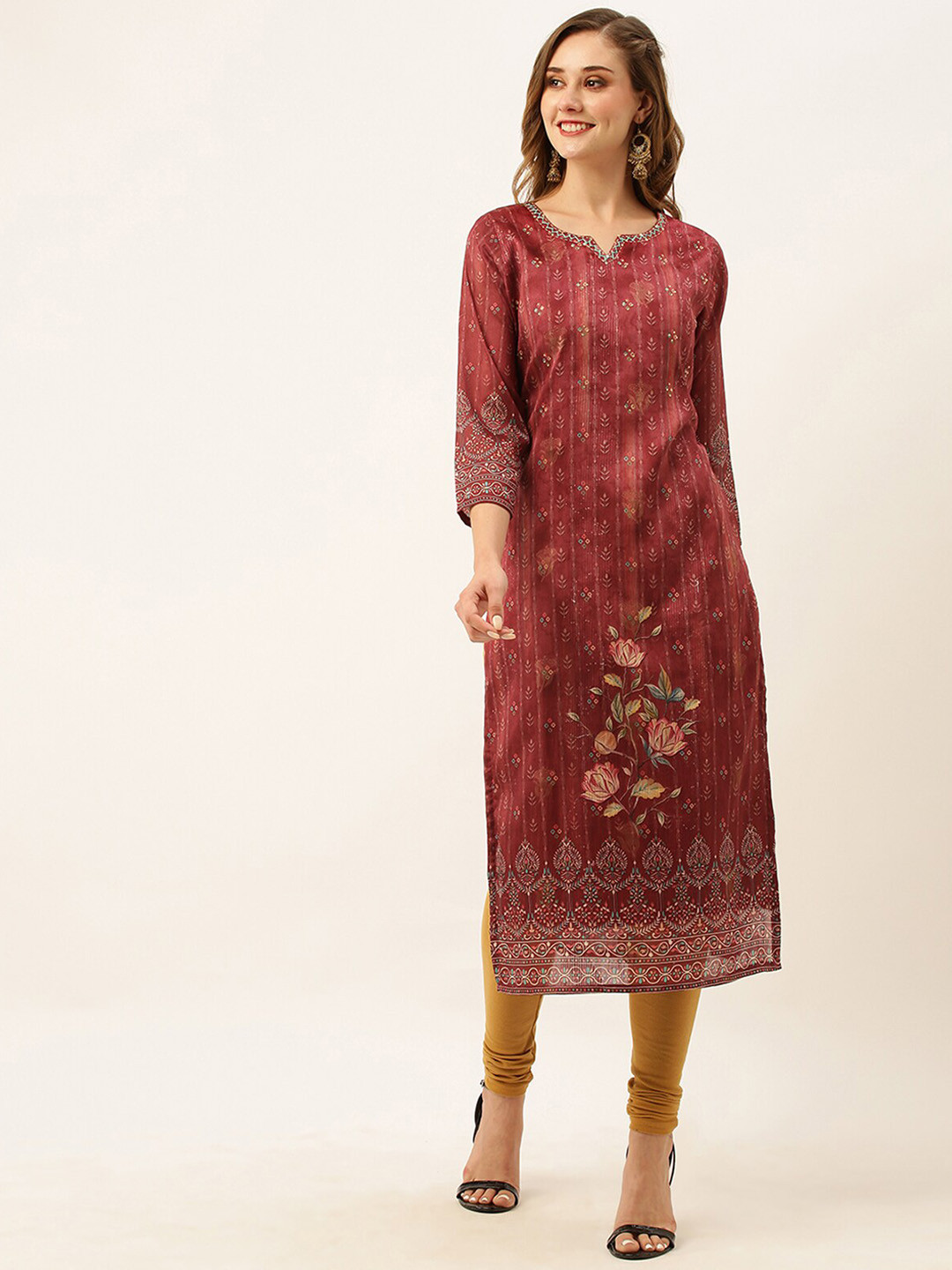

ODETTE Floral Printed Sequinned Cotton Straight Kurta, Maroon