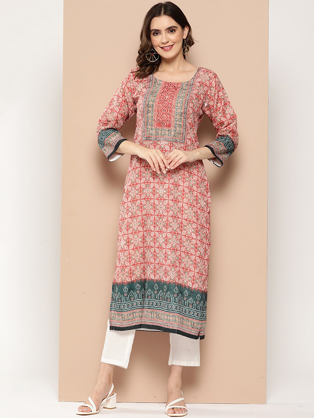 

ODETTE Ethnic Motif Printed Cotton Straight Kurta, Red