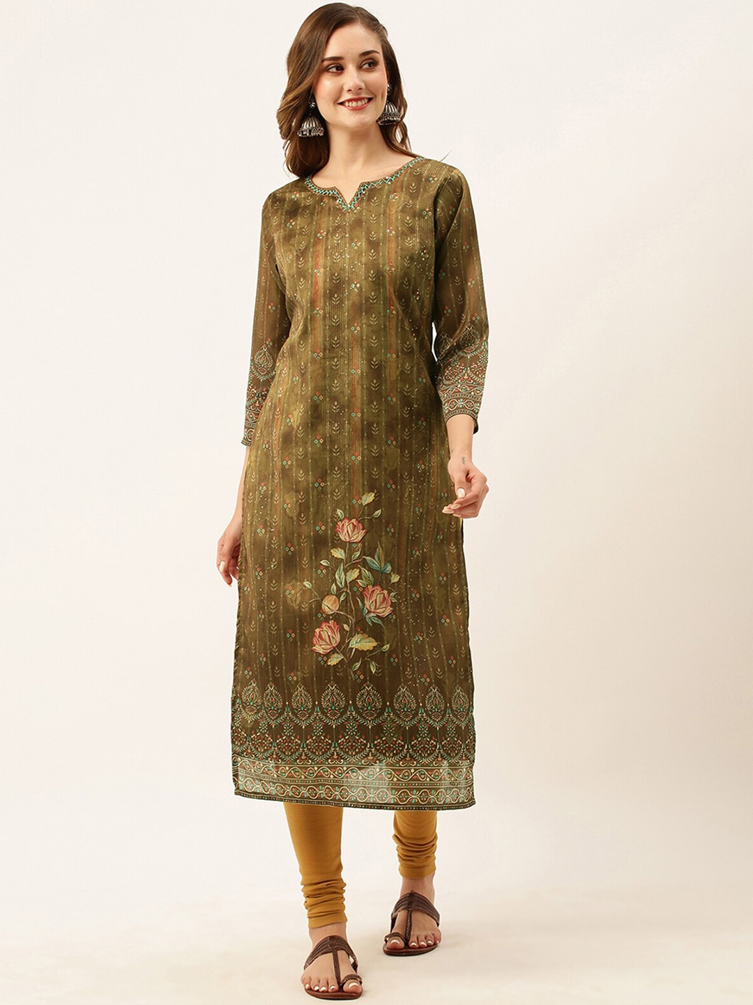 

ODETTE Floral Printed Sequinned Cotton Straight Kurta, Green