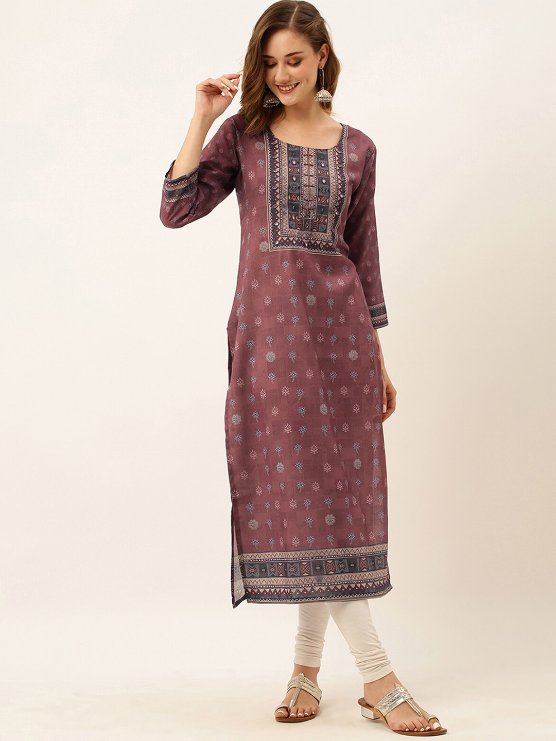 

ODETTE Floral Printed Cotton Straight Kurta, Maroon